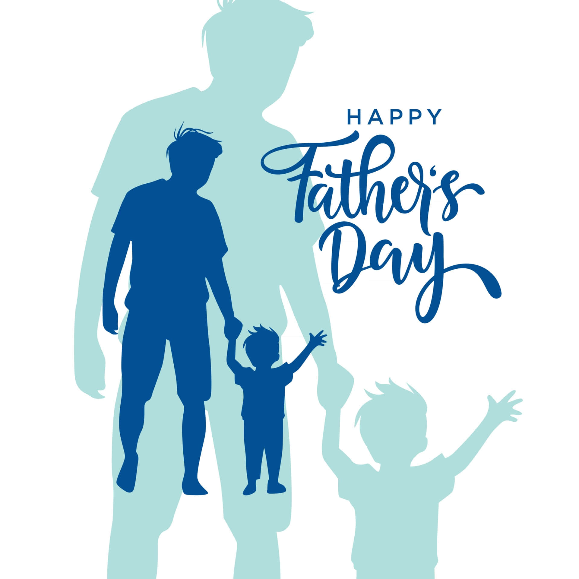 Fathers Day 桌布 壁紙 — 藍色剪影：父親與孩子手牽手，背後有較大的父親形象，並有文字「父親節快樂」。