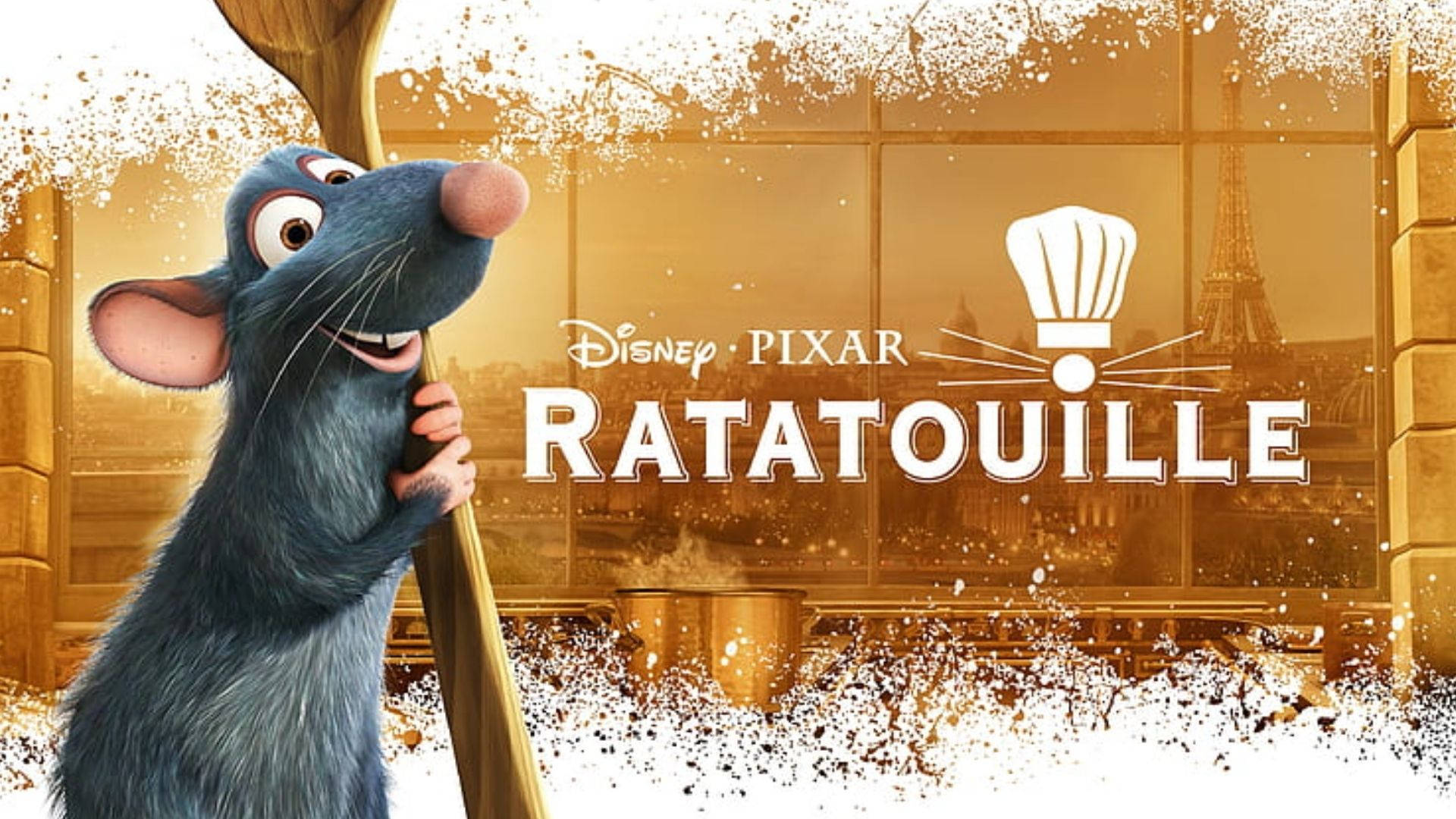 Ratatouille 桌布 壁紙 — 藍色動畫老鼠廚師拿著木勺，背景是金色的巴黎廚房，可看到艾菲爾鐵塔。