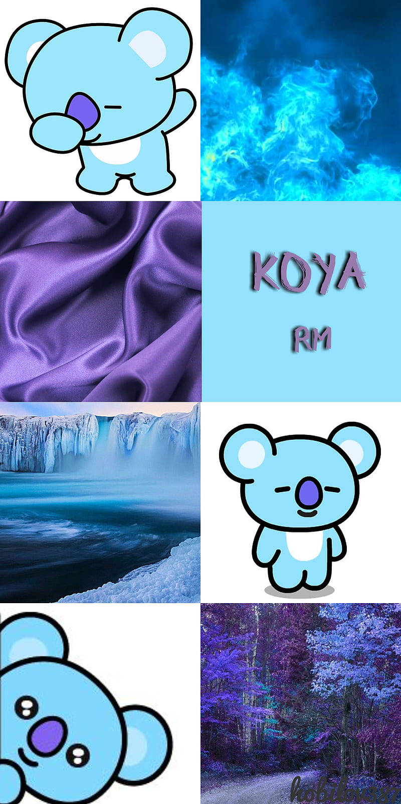 Koya 桌布 壁紙 — 藍色卡通無尾熊、發光藍色火焰、紫色緞子、冰冷瀑布和紫色森林的拼貼畫。