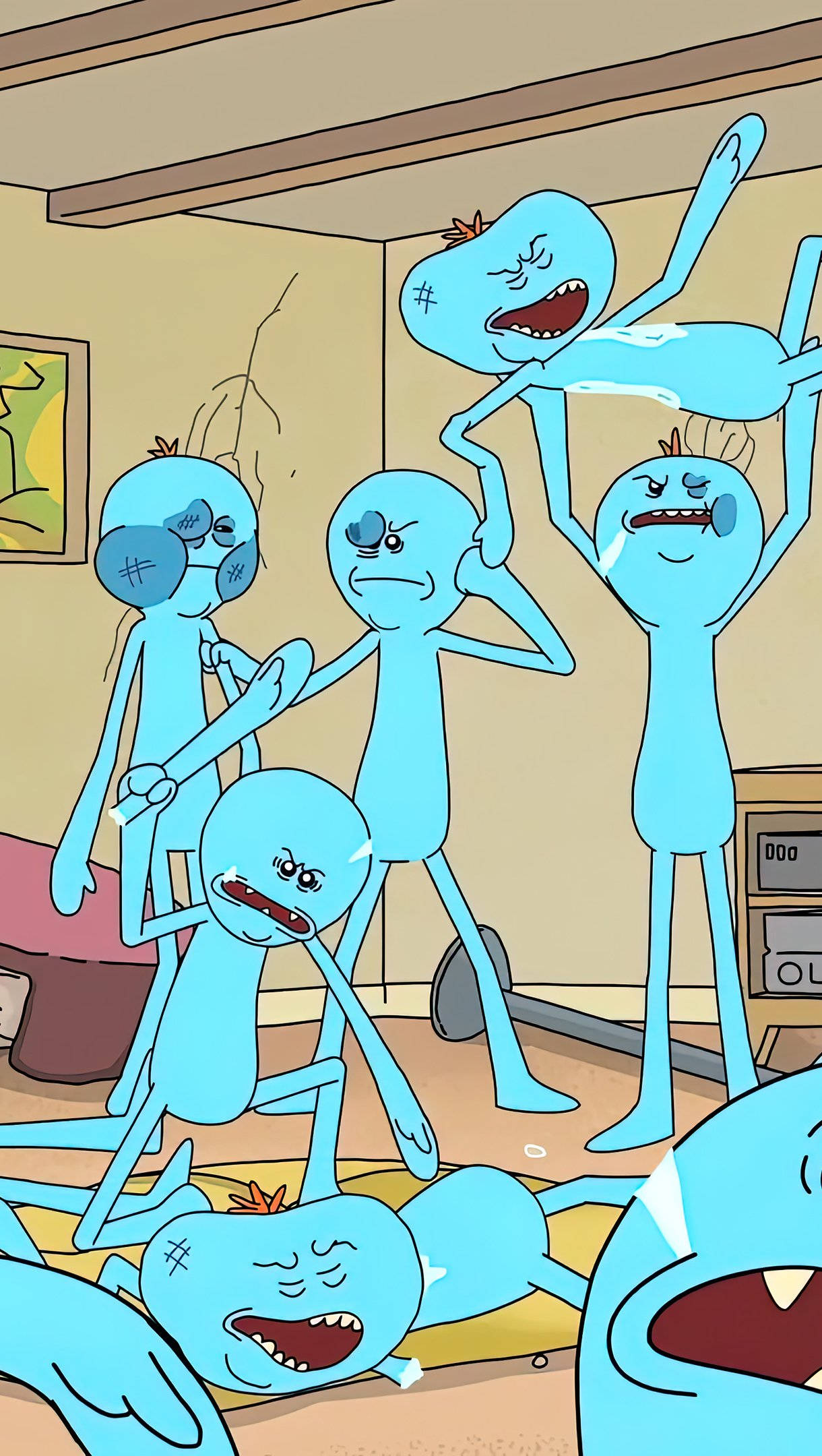 Meeseeks 桌布 壁紙 — 藍色卡通角色帶著憤怒的表情在凌亂的房間裡打架和尖叫。