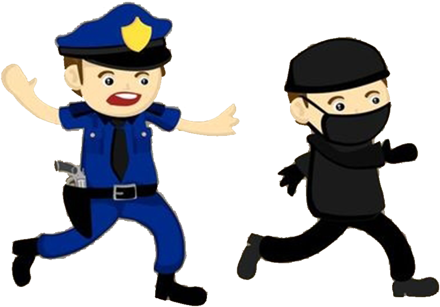 Robber 桌布 壁紙 — 藍色卡通警察在純黑色背景上追捕一名戴面具、穿黑衣的小偷。