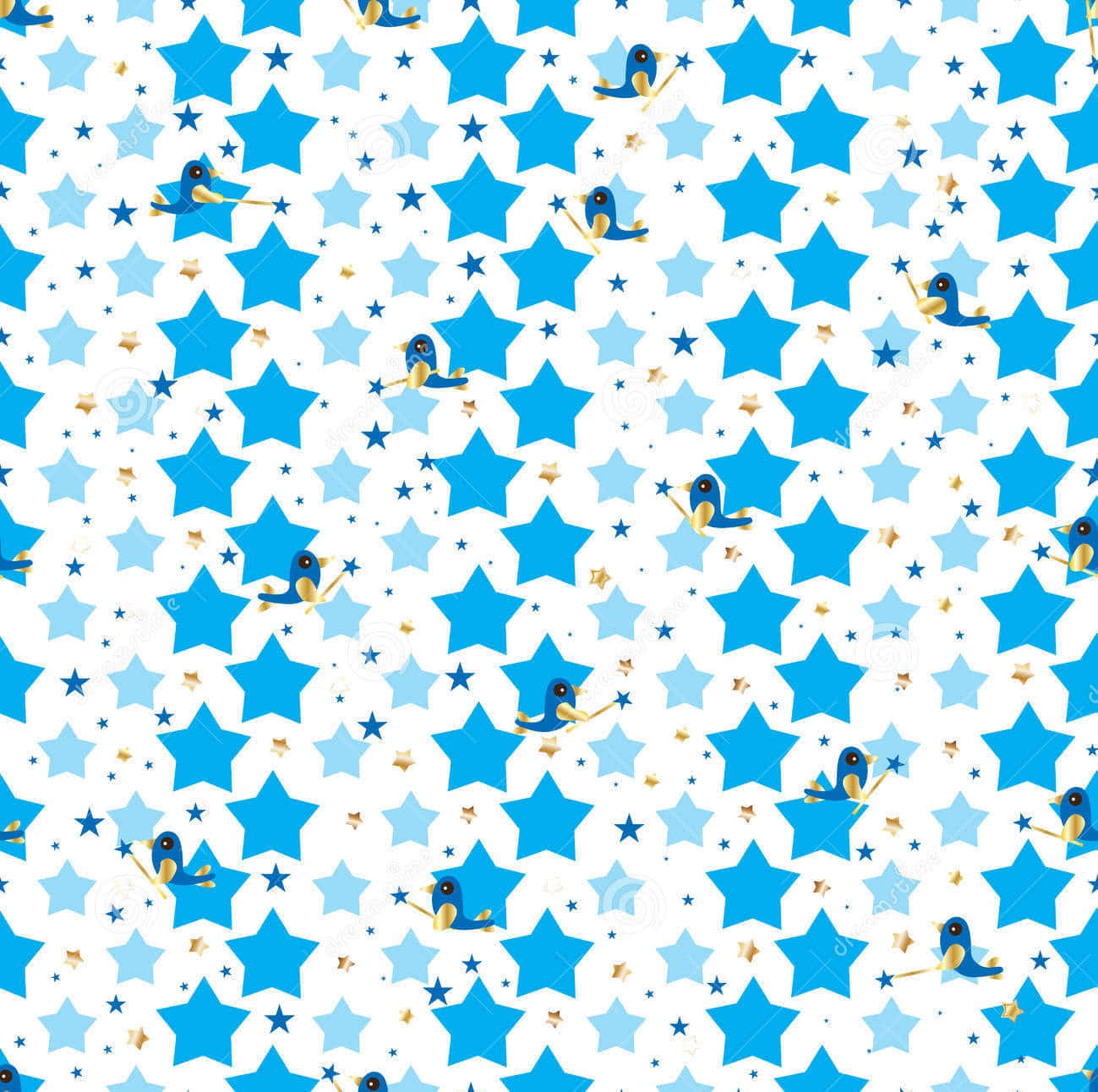Stars 桌布 壁紙 — 藍色卡通鳥在白色背景上重複的藍色星星和金色閃光圖案中飛翔。