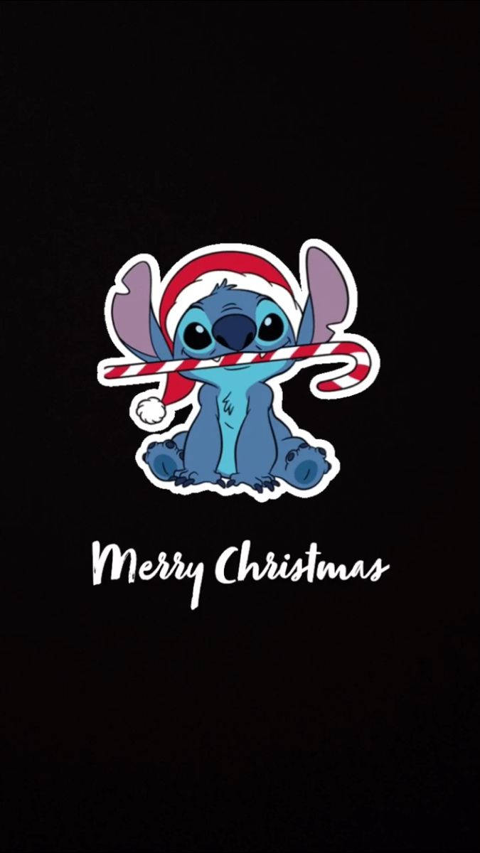 史迪奇戴著聖誕帽拿著拐杖糖，黑色背景上有Merry Christmas字樣。