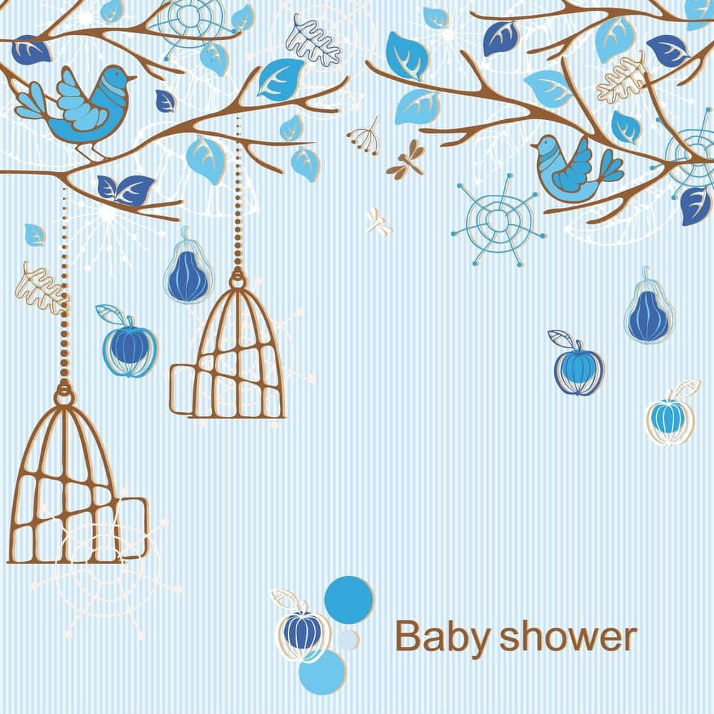 Baby 桌布 壁紙 — 藍色和棕色的插圖鳥、樹葉和懸掛的鳥籠點綴著條紋嬰兒派對壁紙。