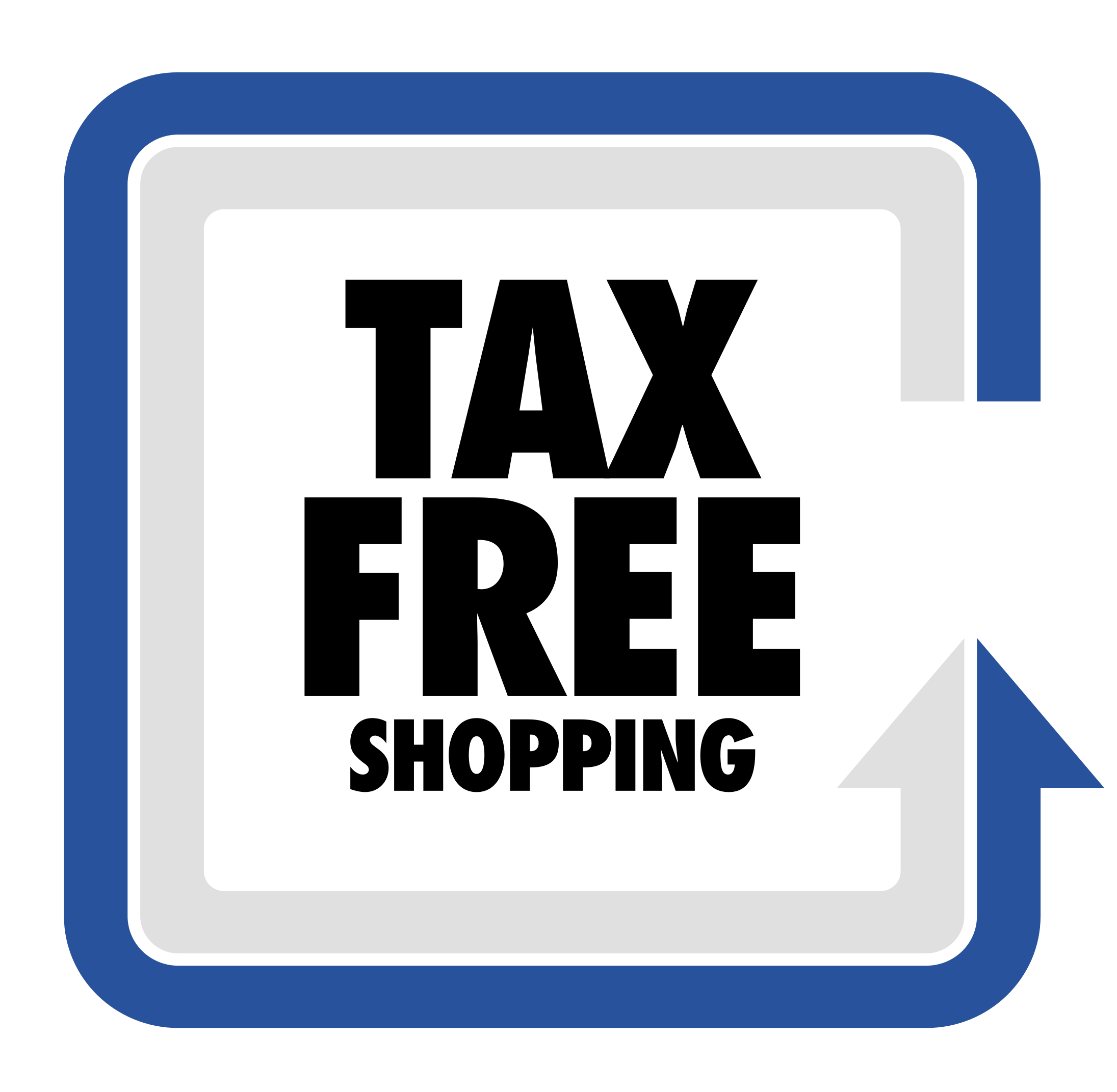 Shopping 桌布 壁紙 — 藍色和灰色圓角正方形內有粗體黑色文字 tax free shopping 及一個指向右方的箭頭。