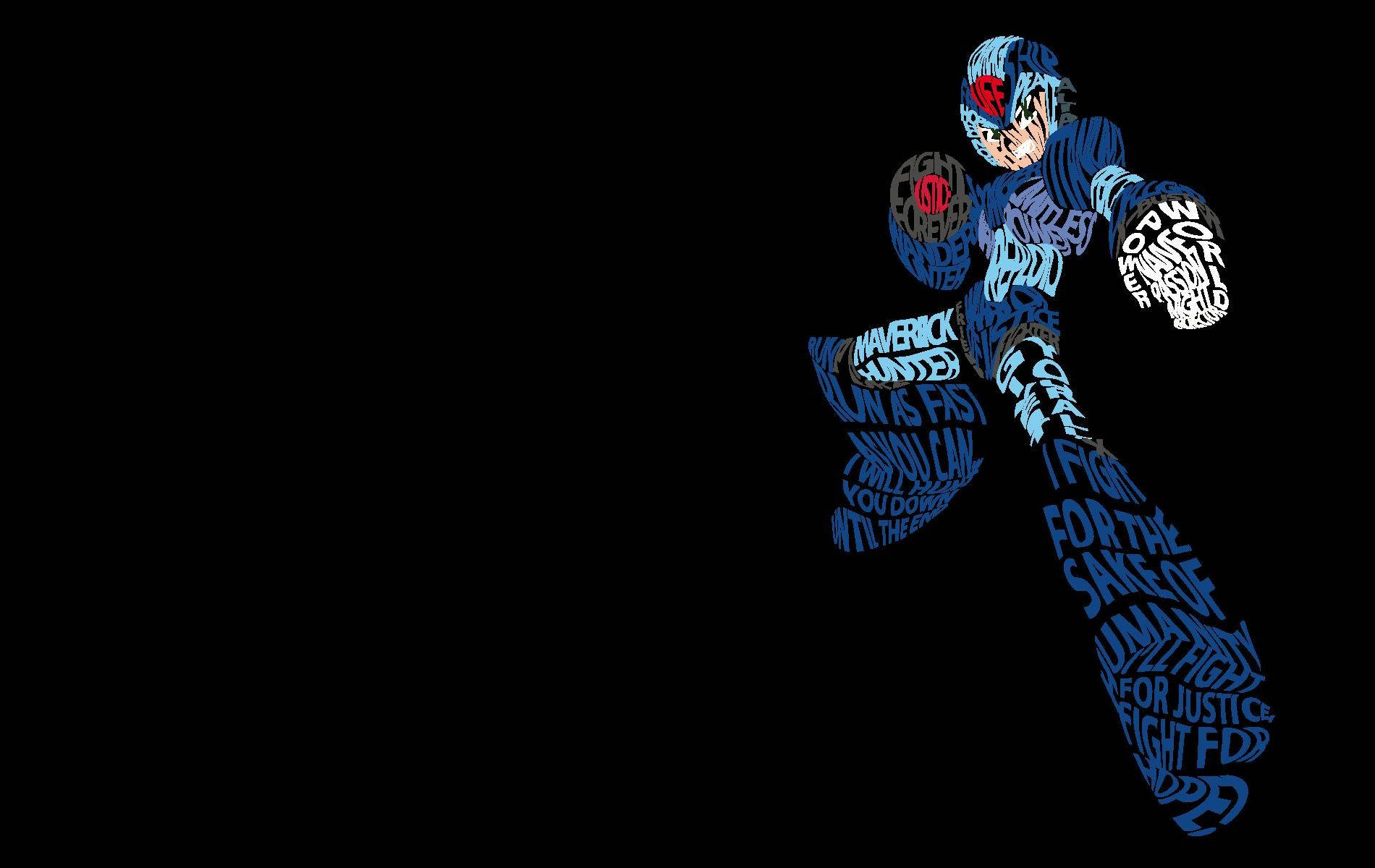 Megaman 桌布 壁紙 — 藍色和白色的文字藝術描繪，一個動態的動漫風格戰士在黑色背景上。