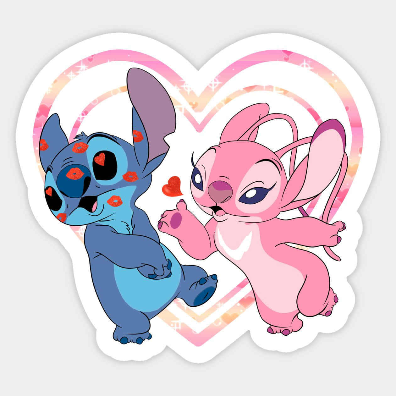 Love Stitch And Angel 桌布 壁紙 — 藍色和粉紅色的史迪奇角色在一個帶有閃粉粉紅和橙色漩渦的心形框架內擁抱。