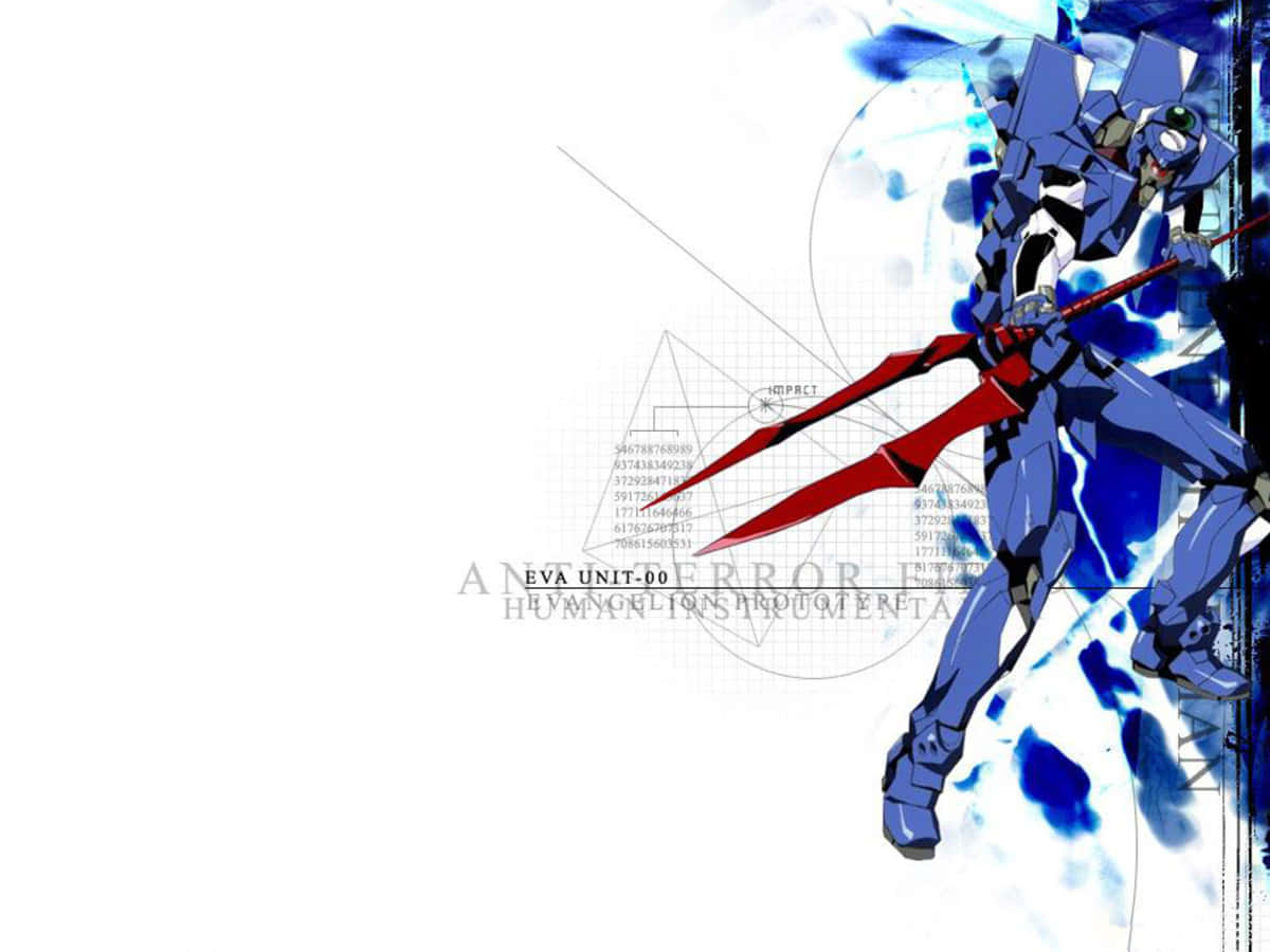 Eva-00 桌布 壁紙 — 藍色和紅色的 Evangelion Unit-01 在白色背景上動態地站立，帶有抽象的藍色飛濺和技術圖紙。