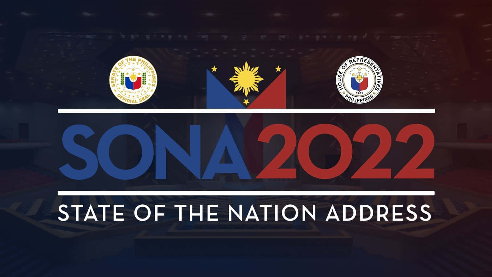 Philippines 桌布 壁紙 — 藍色和紅色的粗體 SONA 2022 文字主導了一個燈光昏暗的正式大廳，帶有菲律賓印章和旗幟。