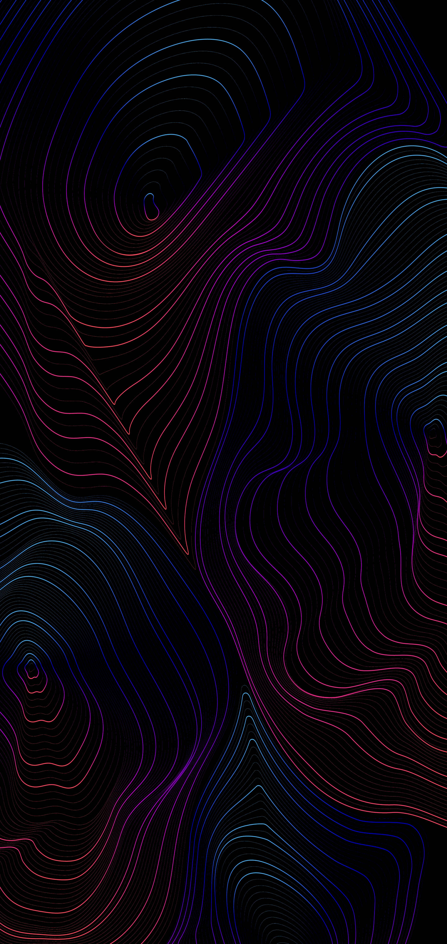 Topography 桌布 壁紙 — 藍色和紅色的鮮豔發光線條在黑色背景上旋轉，形成催眠般的抽象圖案。