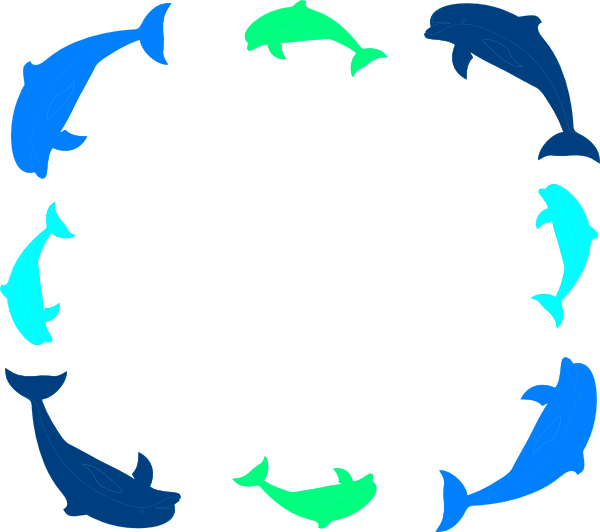 Frame 桌布 壁紙 — 藍色和綠色的彩色海豚剪影在純白色背景上形成圓形邊框。