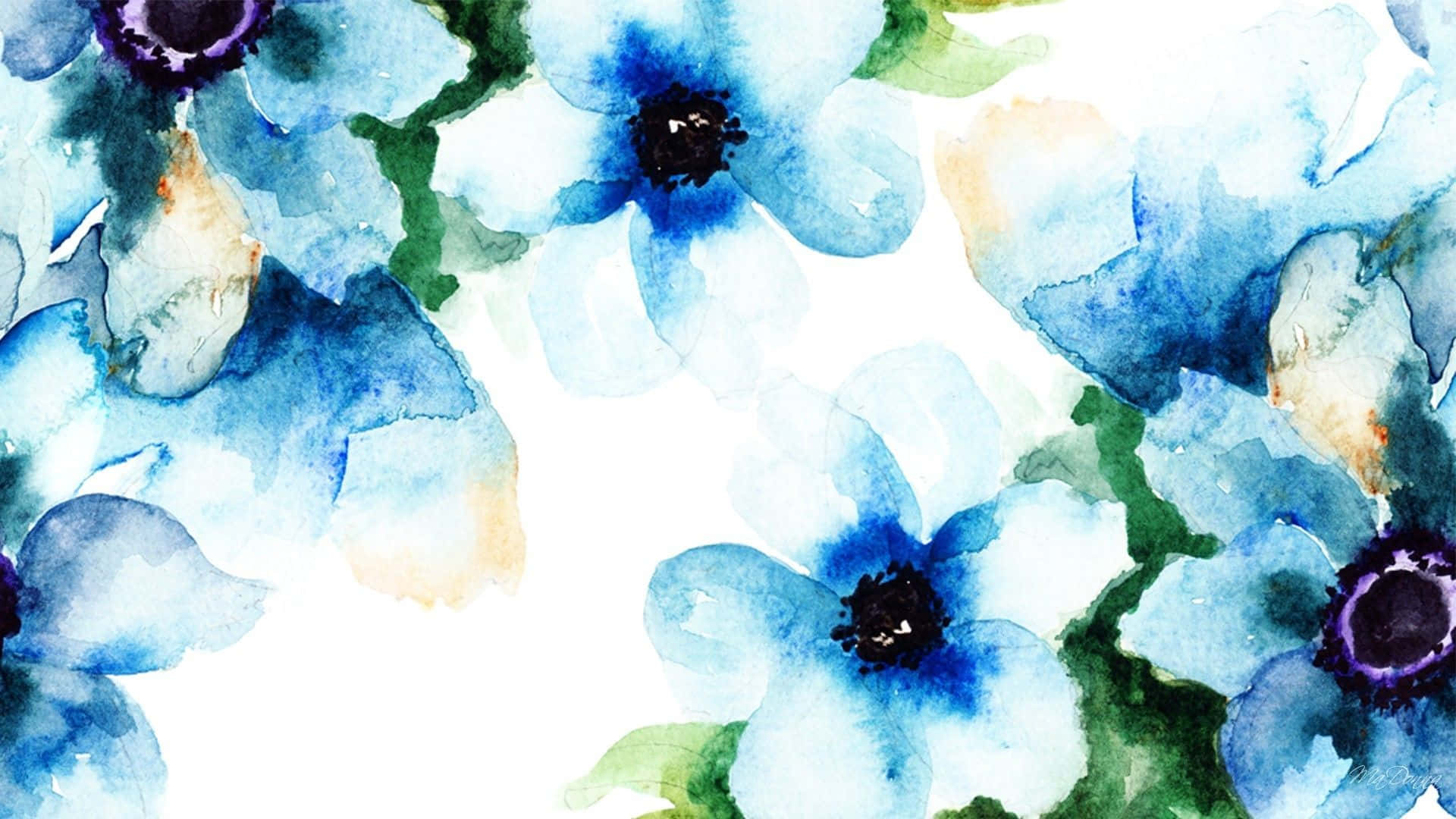Blue Watercolor 桌布 壁紙 — 藍色和綠色色調的水彩花朵在明亮的白色背景上柔和地綻放。