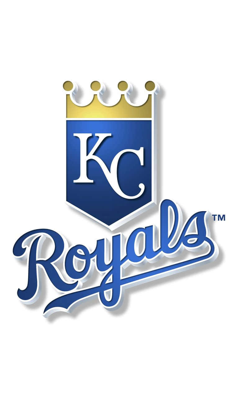 Kc Royals 桌布 壁紙 — 藍色和金色的堪薩斯城皇家隊標誌，帶有皇冠和手寫文字，白色背景。