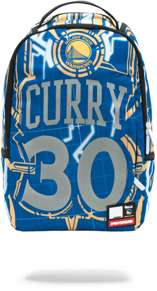 史蒂芬·柯瑞 桌布 壁紙 — 藍色和金色的金州勇士 Curry 30 主題背包，帶有粗體字體和球隊標誌。