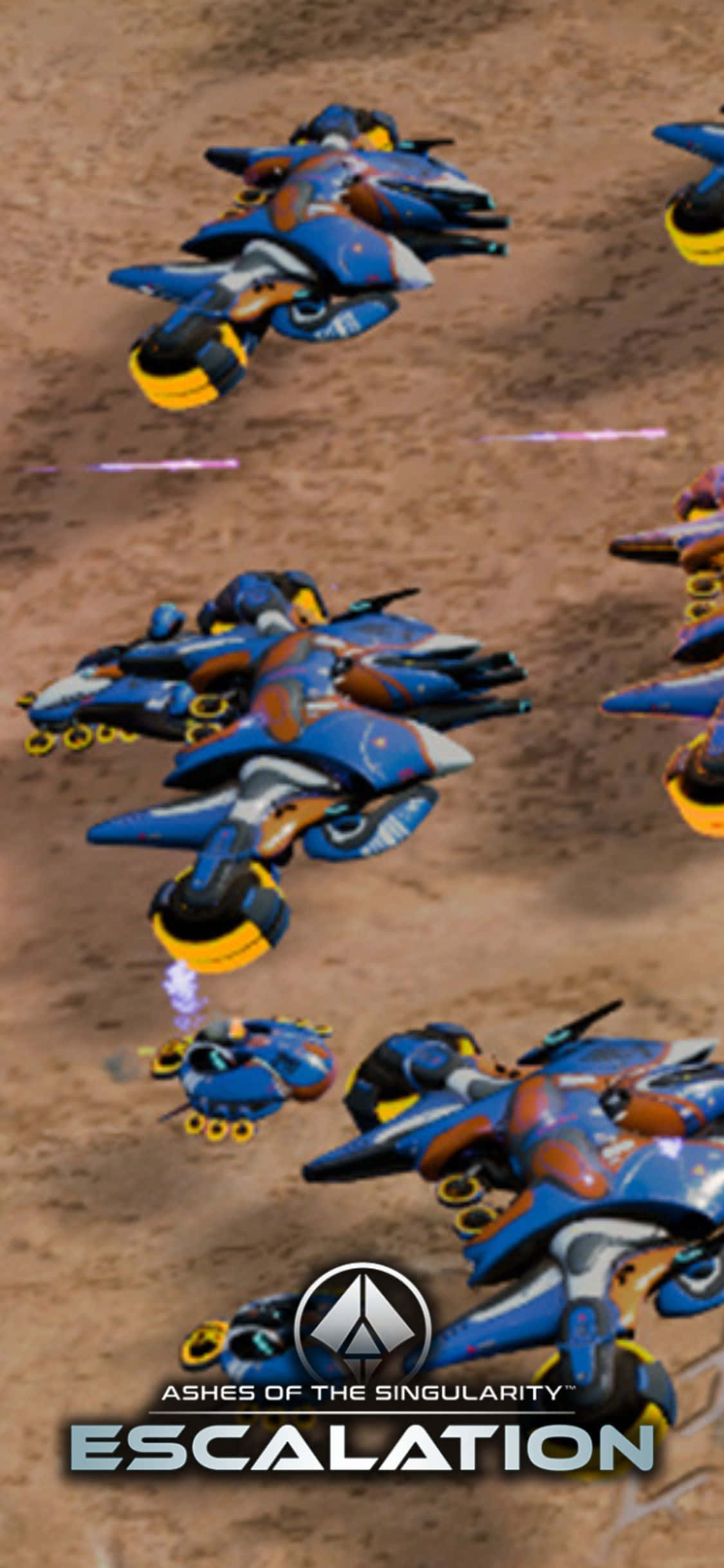 iPhone X Ashes Of The Singularity Escalation 桌布 壁紙 — 藍色和黃色的未來氣墊船在高速科幻遊戲場景中穿越塵土飛揚的地形。