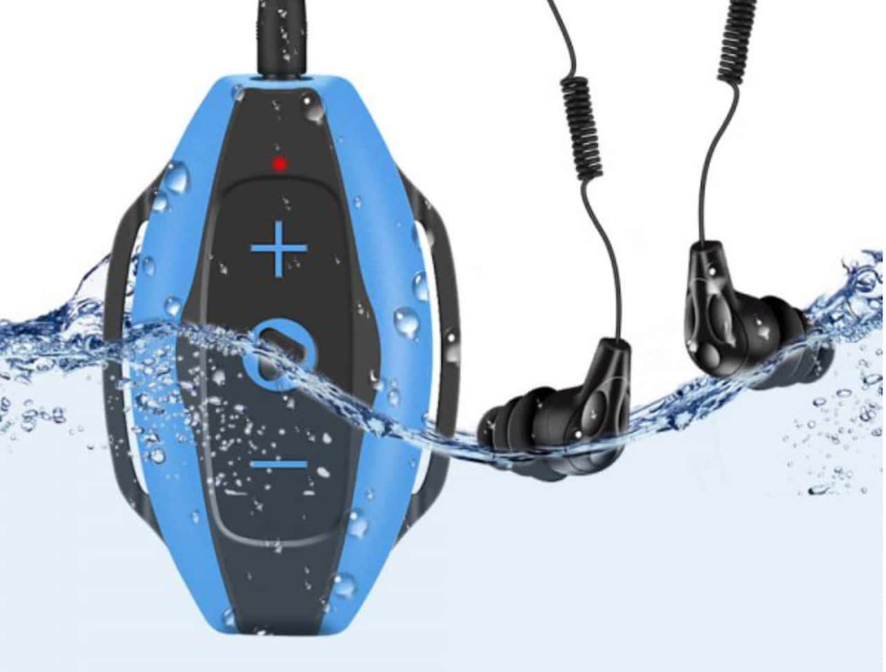 Music Player 桌布 壁紙 — 藍色和黑色防水藍牙耳機浸入飛濺的水中，水滴附著在設備上。