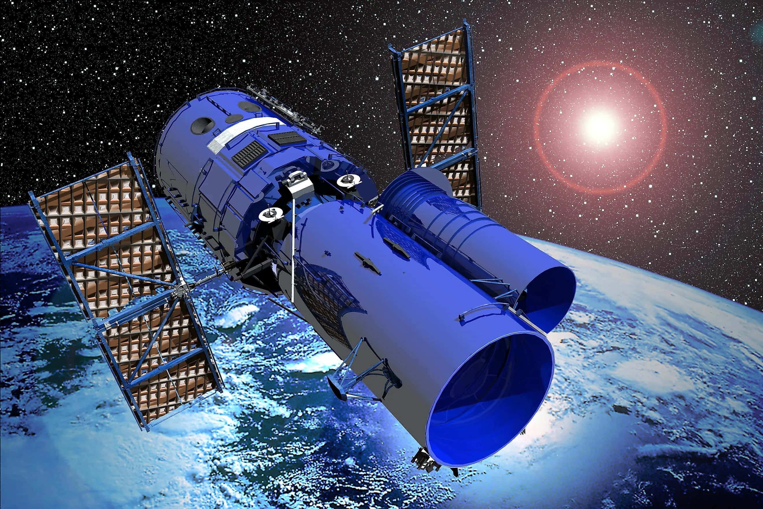 Hubble Space Telescope 桌布 壁紙 — 藍色太空望遠鏡在地球軌道上運行，太陽能板展開，背景是繁星點點和發光的太陽。
