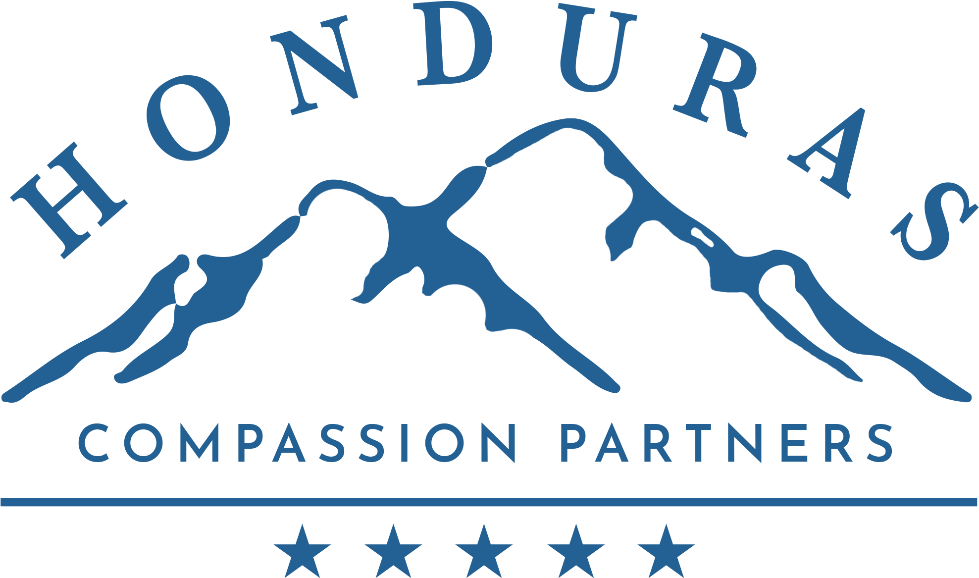 宏都拉斯 桌布 壁紙 — 藍色宏都拉斯 Compassion Partners 標誌，帶有山脈輪廓和五顆星，背景為黑色。