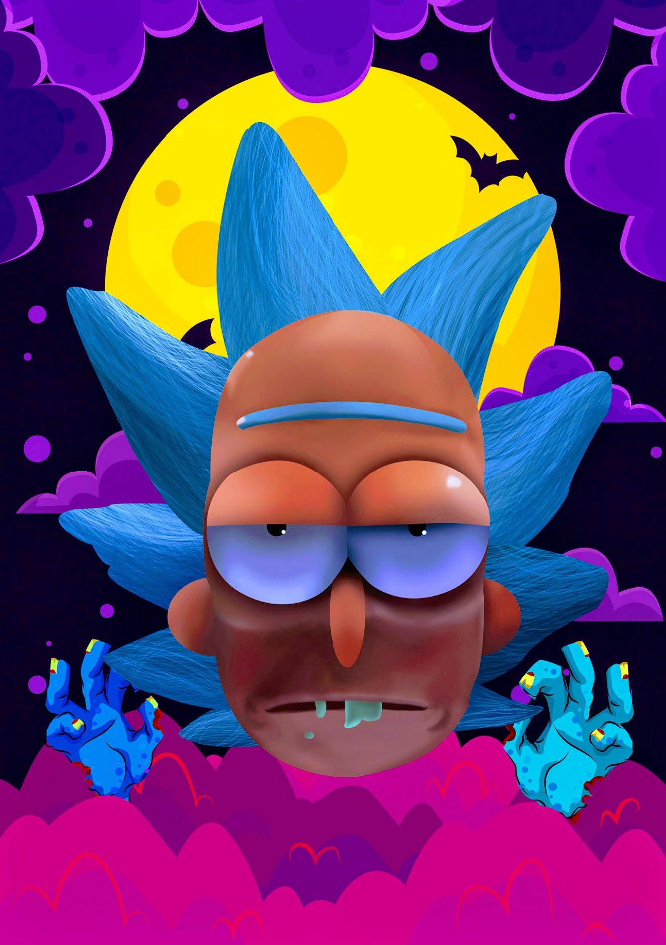 Rick And Morty Weed 桌布 壁紙 — 藍色尖刺頭髮、流口水的瑞克·桑切斯從粉紅色的雲層中出現，黃色的月亮下蝙蝠飛舞。