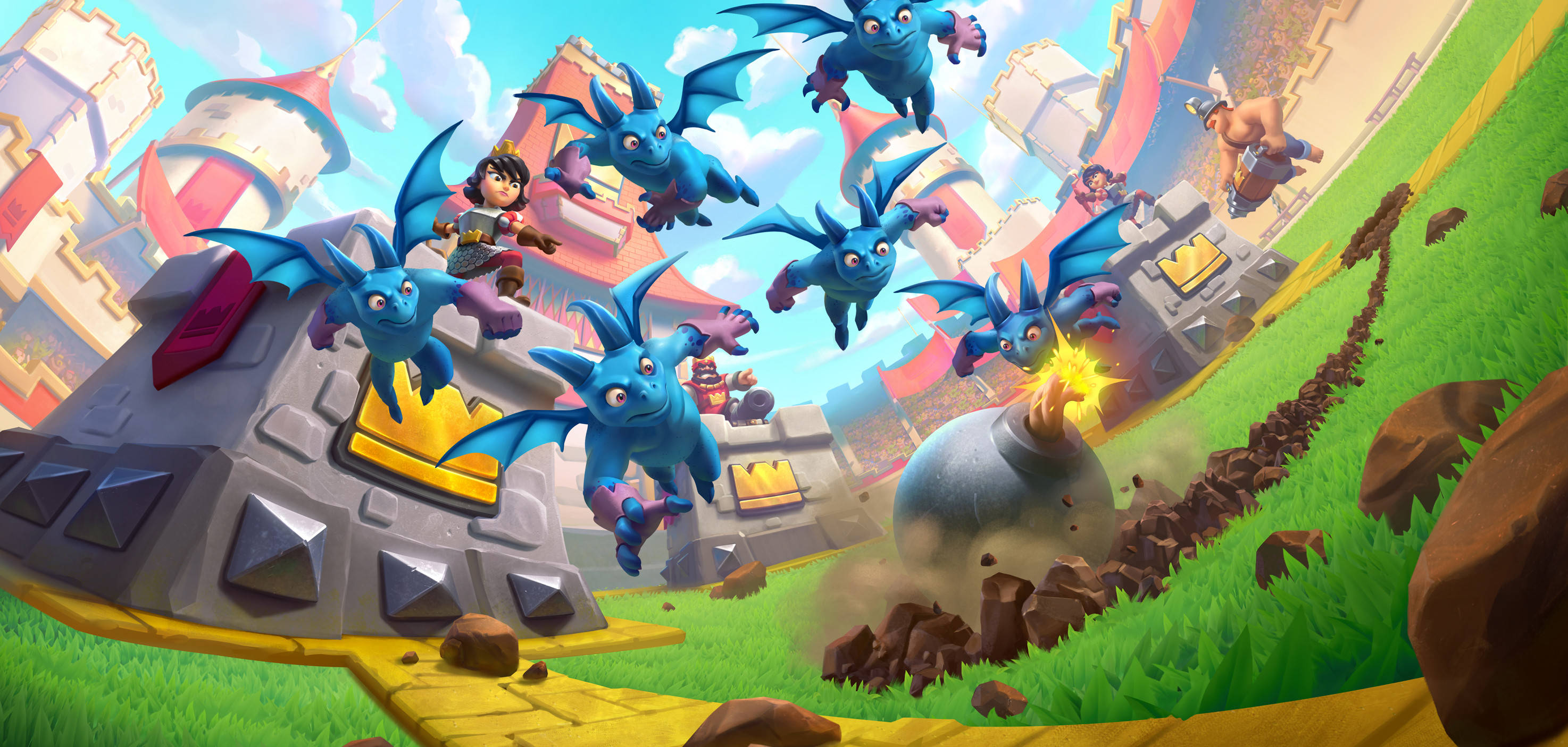 clash royale phone 桌布 壁紙 — 藍色巨龍在城堡上空翱翔，一個角色在草地上與巨型砲彈戰鬥。