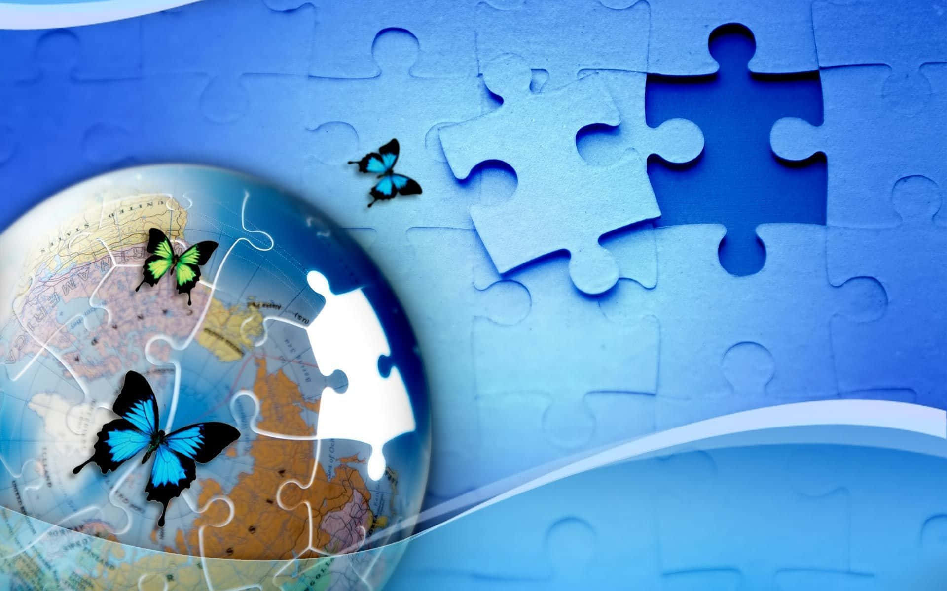 Puzzle 桌布 壁紙 — 藍色拼圖塊圍繞著地球儀，蝴蝶在缺失的拼圖塊附近飛舞，象徵全球聯繫與發現。