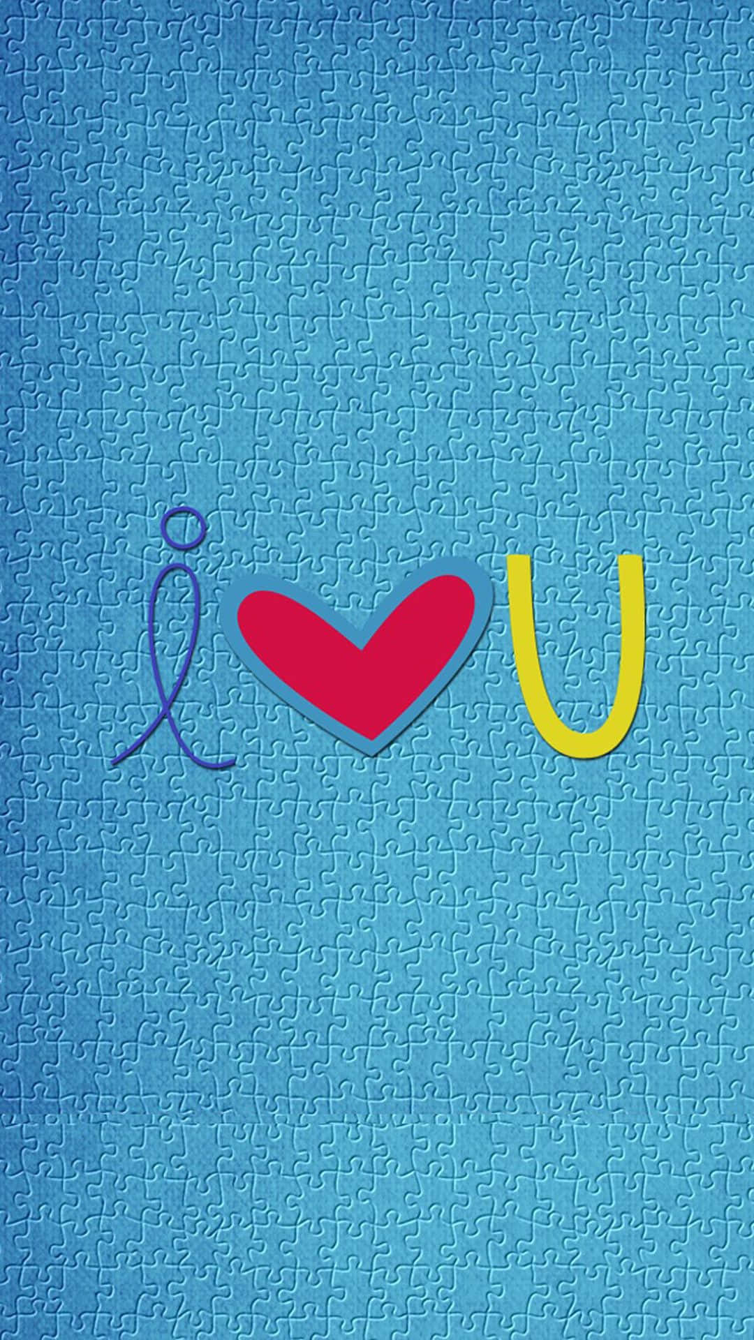 我愛你 桌布 壁紙 — 藍色拼圖背景顯示「i love u」字句，其中「i」為紫色，「love」為紅色心形，「u」為黃色。