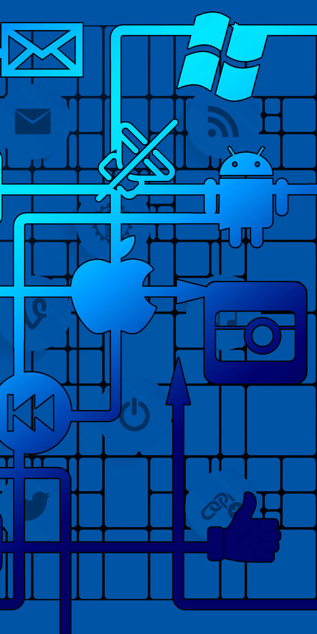 Social 桌布 壁紙 — 藍色數位網路插圖，透過發光電路線連接 Apple、Android 和 Windows 等應用程式圖示。