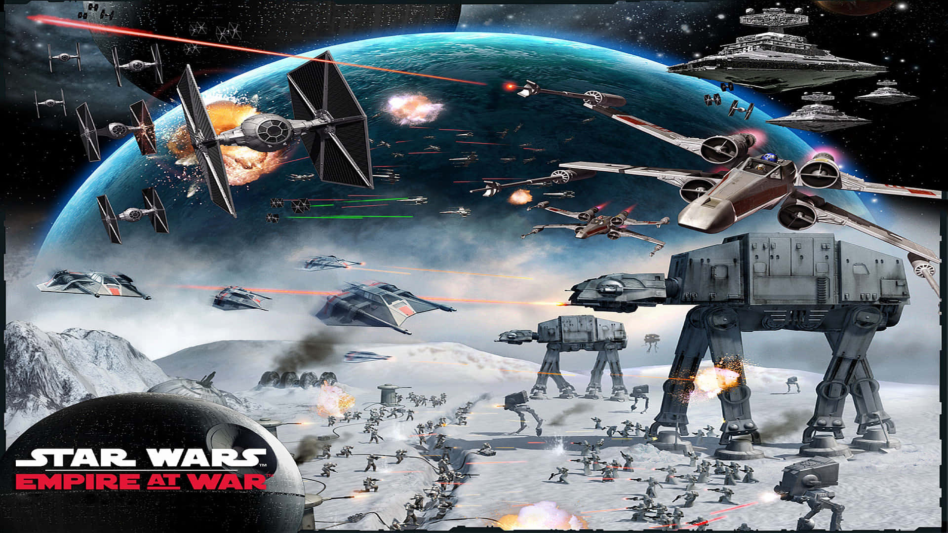 Galactic Empire 桌布 壁紙 — 藍色星球上空激烈的太空戰鬥，下方雪地戰場上AT-AT步行機正在推進。