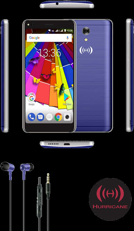 Smart Phone 桌布 壁紙 — 藍色智慧型手機配以色彩繽紛的抽象桌布和相配的耳機，顯示在黑色背景上。