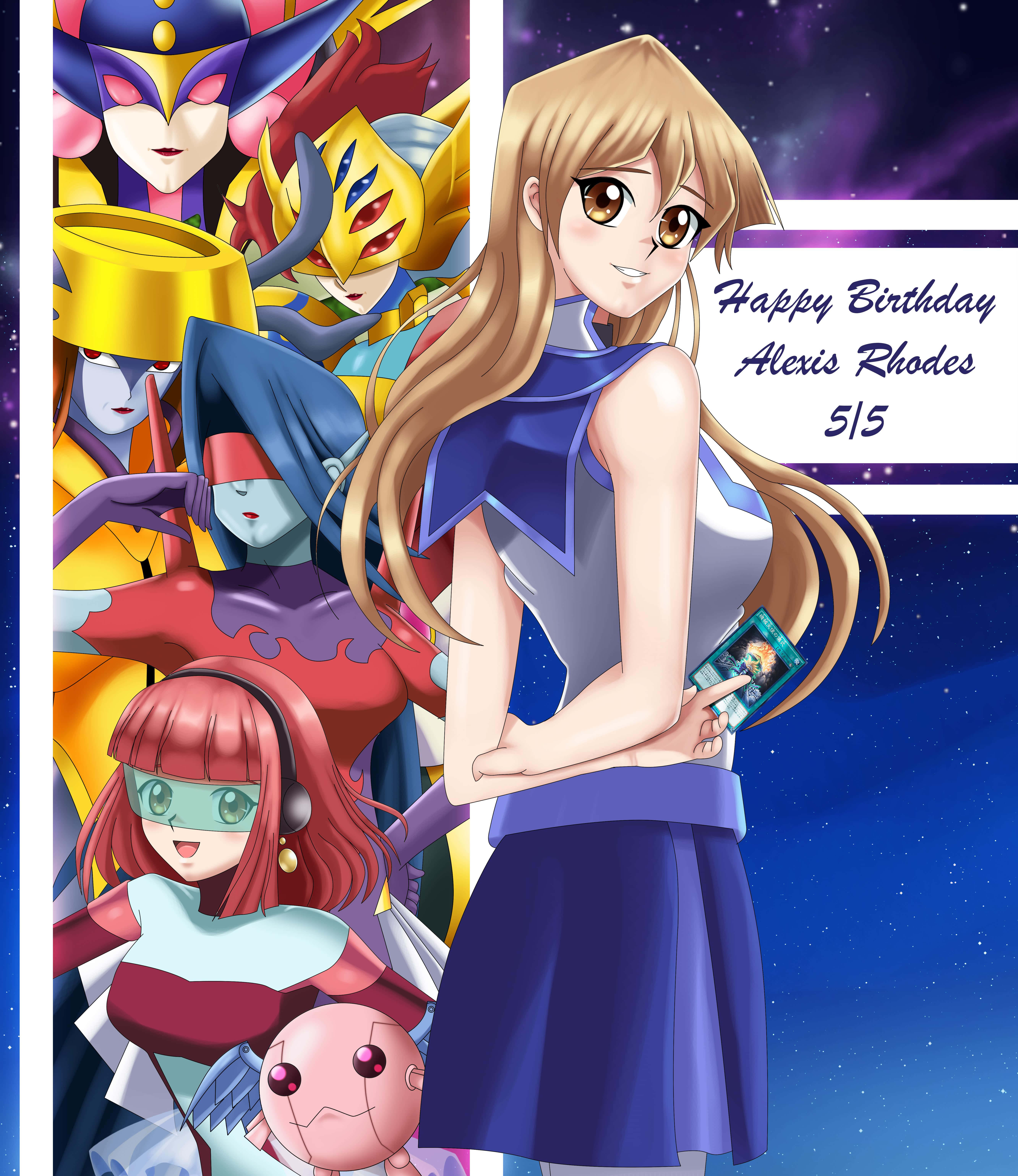 Alexis Rhodes 桌布 壁紙 — 藍色服裝的動漫女孩微笑著拿著卡片，旁邊是色彩繽紛的角色，背景是星空夜空，附有生日文字。