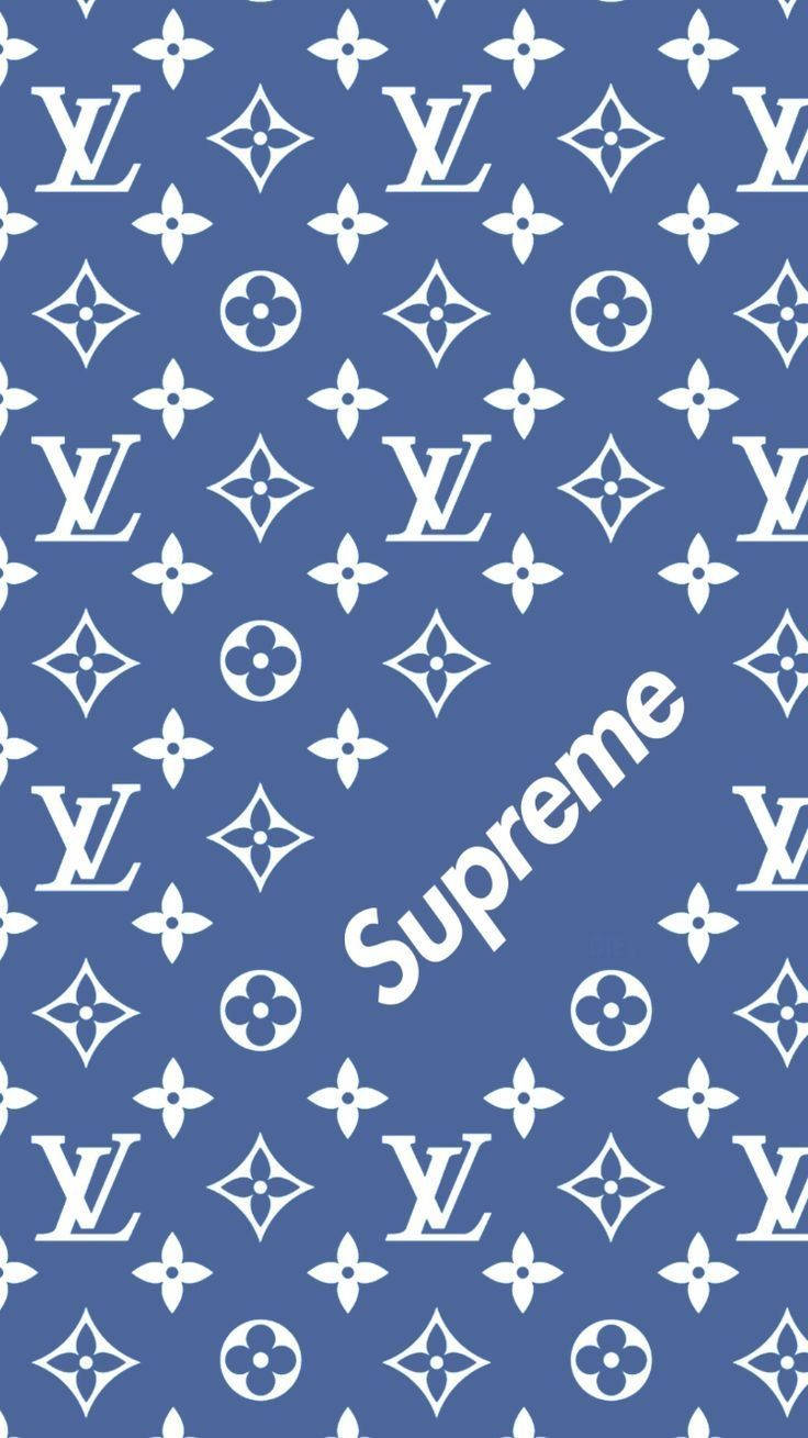 藍色背景，帶有白色 Louis Vuitton 字母組合和對角 Supreme 標誌。 — Valorant Logo 壁紙
