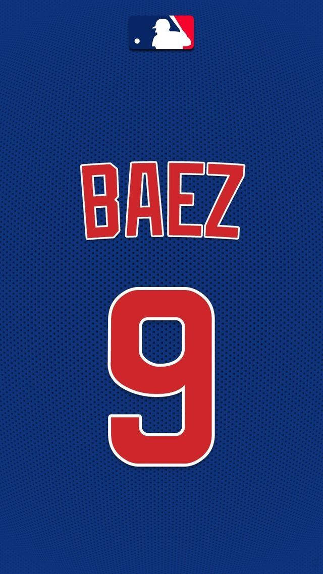 Baez 桌布 壁紙 — 藍色棒球衫近照，帶有紅色 'BAEZ 9' 字樣及 MLB 標誌。