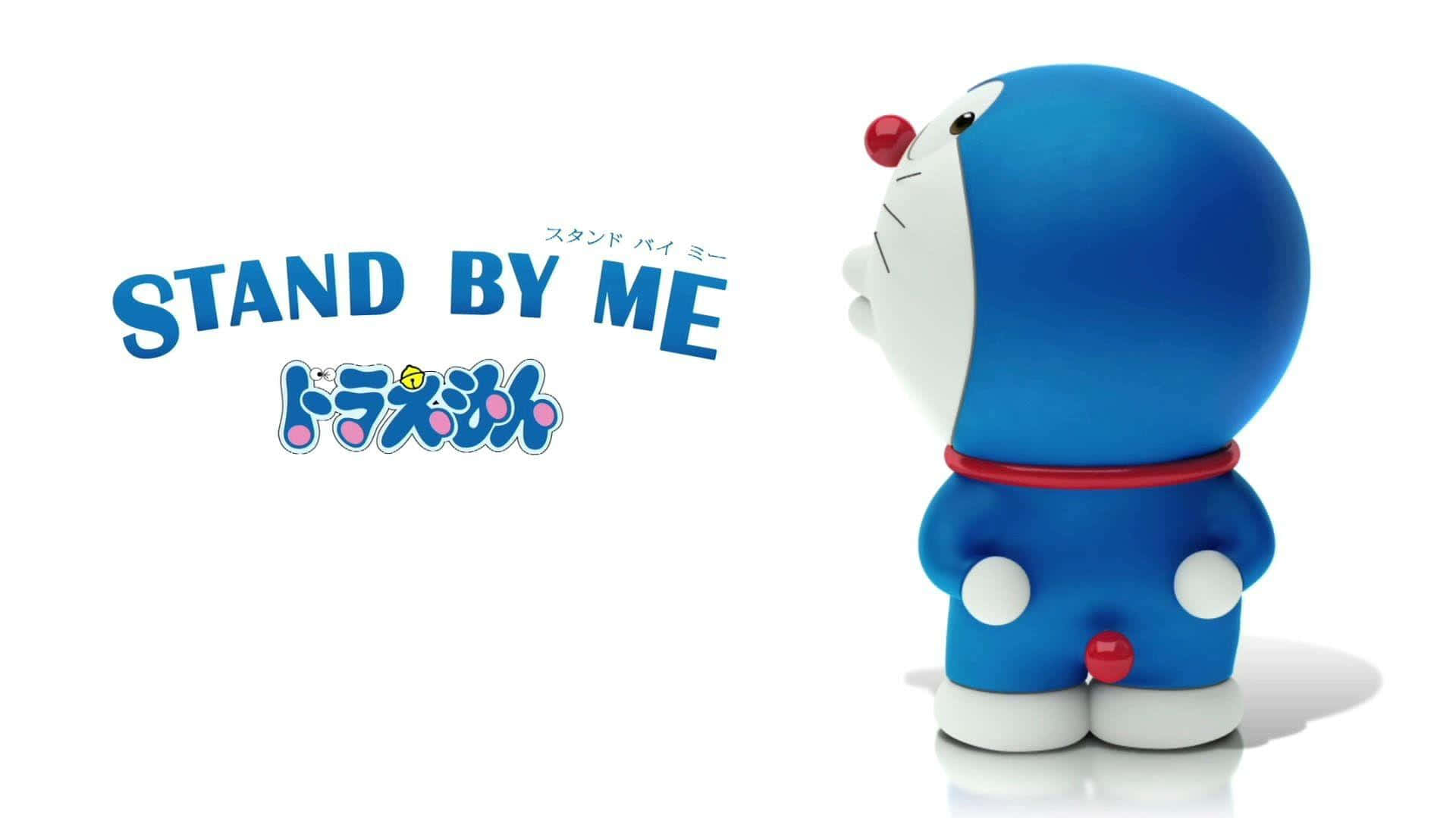 Doraemon 桌布 壁紙 — 藍色機器貓哆啦A夢側面站立在白色背景上，帶有「STAND BY ME」文字。