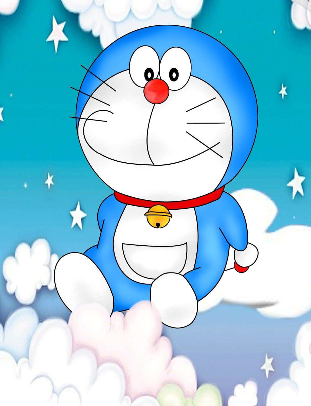 Doraemon 桌布 壁紙 — 藍色機器貓哆啦A夢愉快地坐在 fluffy 雲朵上，背景是星空青綠色天空。