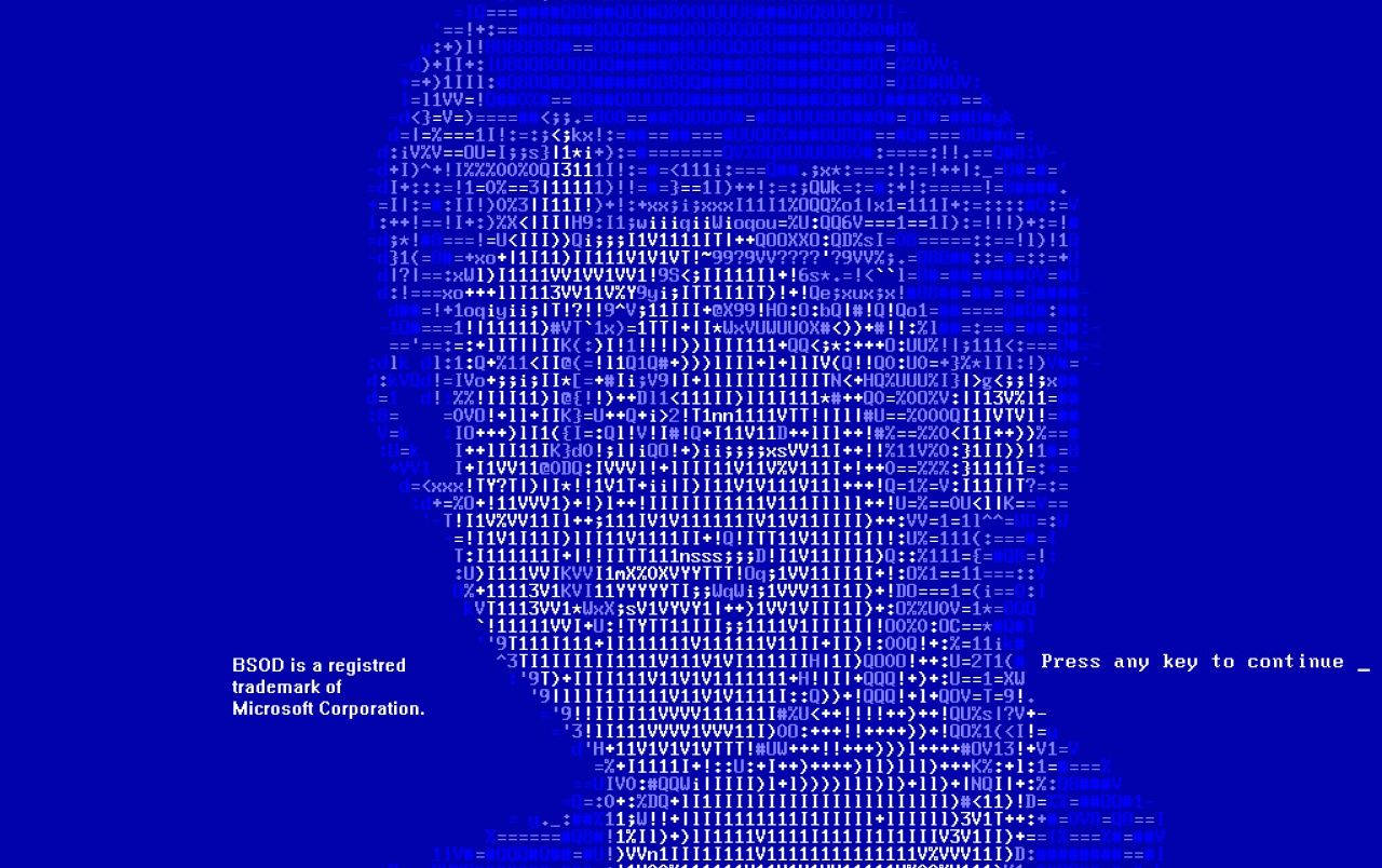 Windows 95 動態圖 桌布 壁紙 — 藍色死亡畫面，帶有故障代碼形成骷髏輪廓，背景為深色。