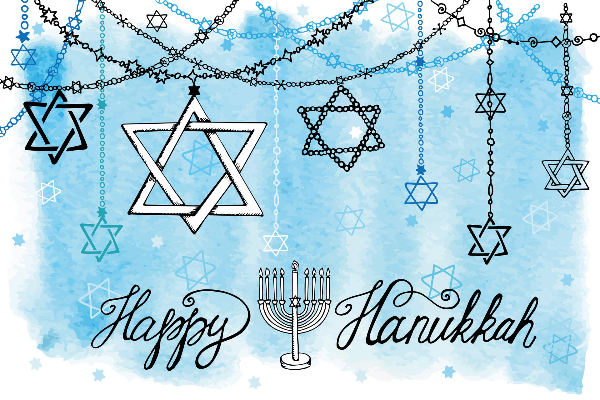 在藍色水彩背景上，帶有懸掛星星和 menorah 的光明節問候。 — 光明節 GIF 壁紙