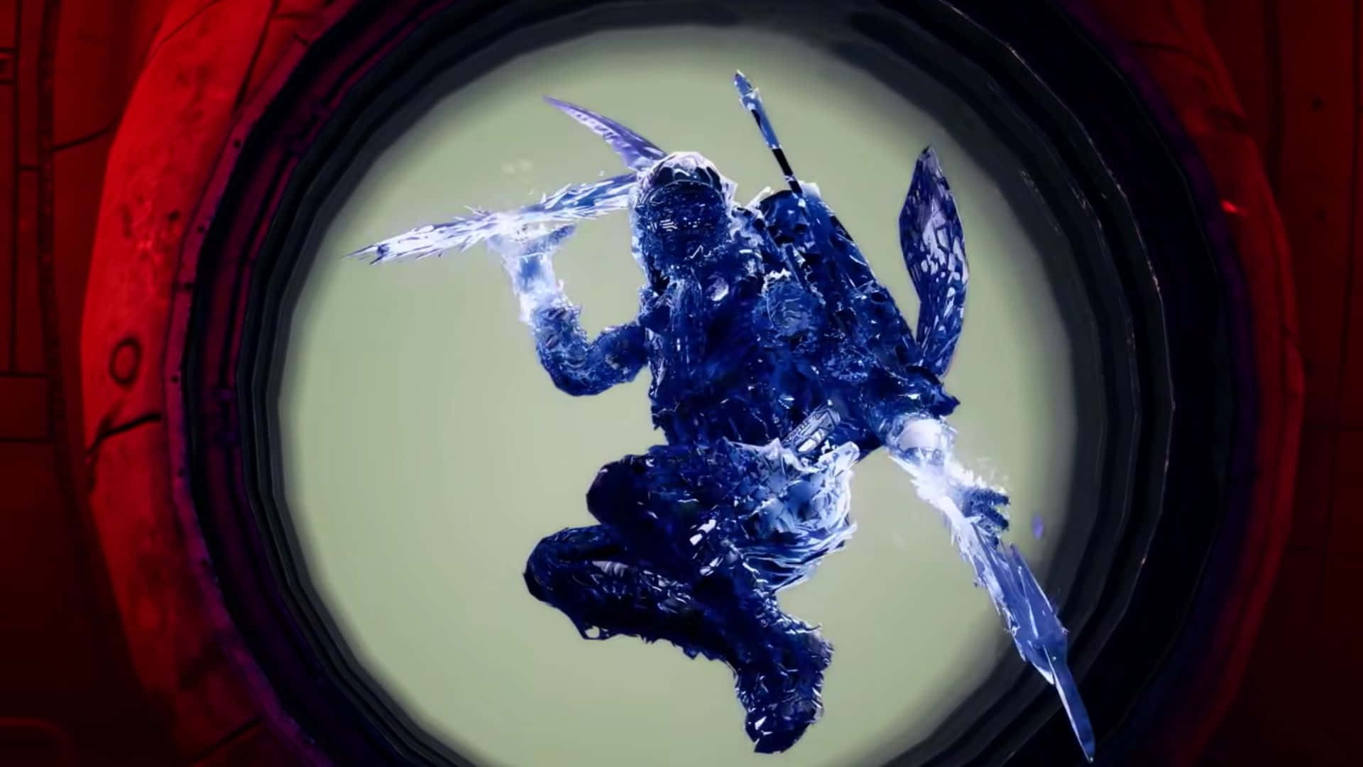 Best Destiny 2 桌布 壁紙 — 藍色水晶戰士手持刀刃跳過一個由紅色機械框架包圍的圓形傳送門。