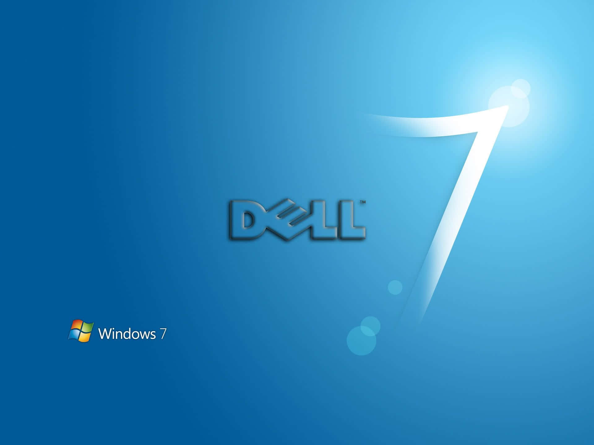 Dell 桌布 壁紙 — 藍色漸層桌布，帶有Dell標誌和一個大型風格化數字七，並帶有Windows 7品牌標識。