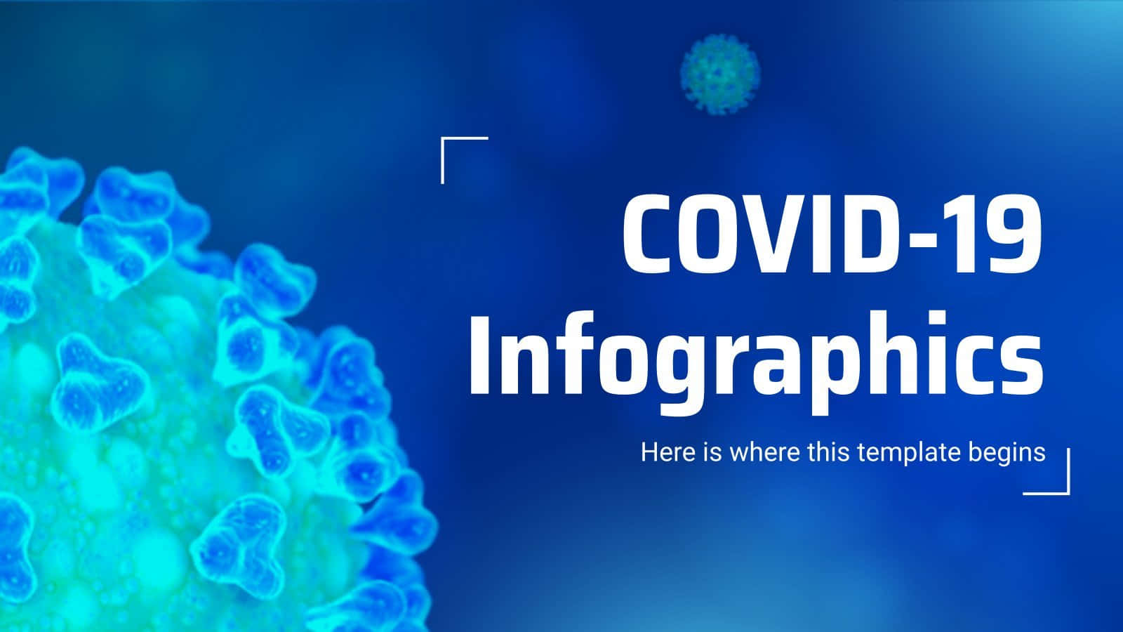 Covid 桌布 壁紙 — 藍色漸層背景上有一個詳細的3D渲染COVID-19病毒粒子，並帶有白色文字寫著COVID-19 Infographics。