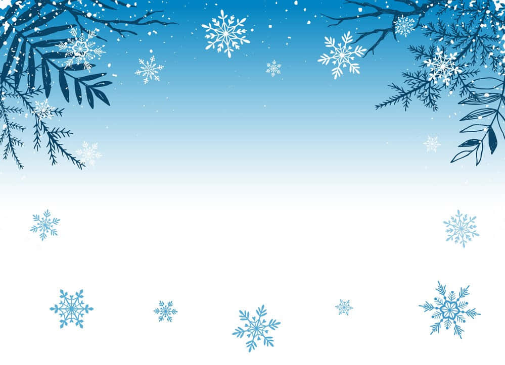 Backgrounds 桌布 壁紙 — 藍色漸變背景，以深色松樹枝條框住，白色雪花輕輕飄落。