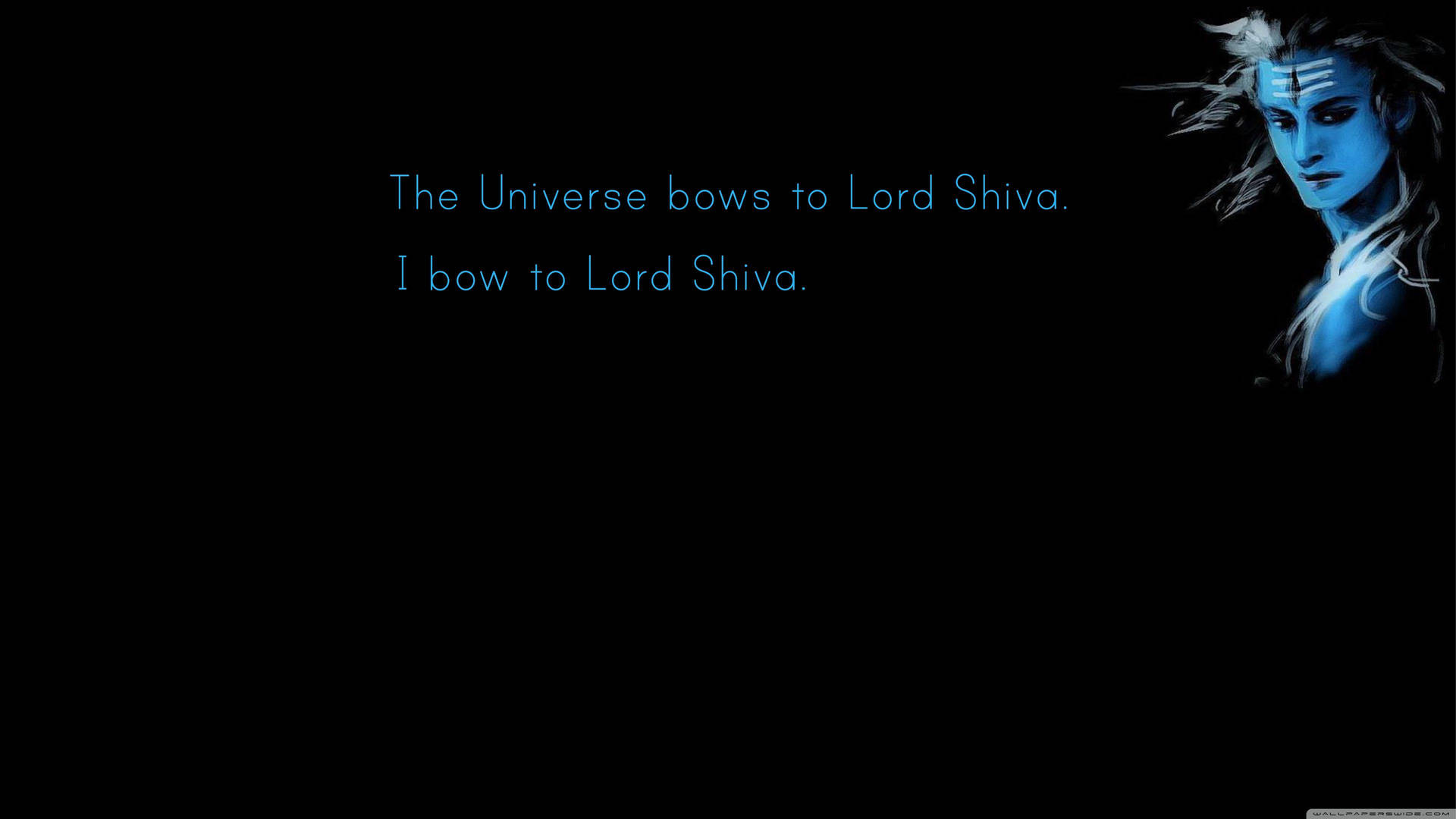 藍色發光的濕婆神肖像，文字為 The Universe bows to Lord Shiva。 — 濕婆神 壁紙