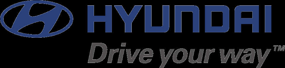 Hyundai Logo 桌布 壁紙 — 藍色現代汽車標誌和標語 Drive your way 在黑色背景上。