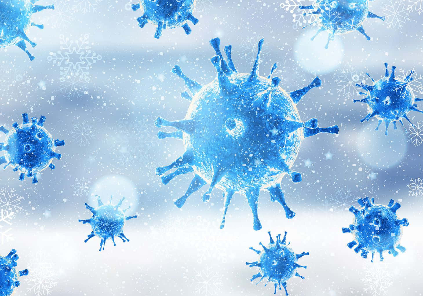 Coronavirus 桌布 壁紙 — 藍色病毒粒子在雪花中漂浮，背景是柔和的冰面。