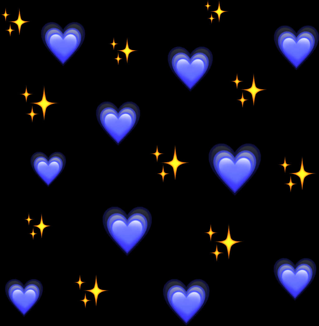 Love Emoji 桌布 壁紙 — 藍色發光心形和金色星星在黑色背景上以數位圖案漂浮。