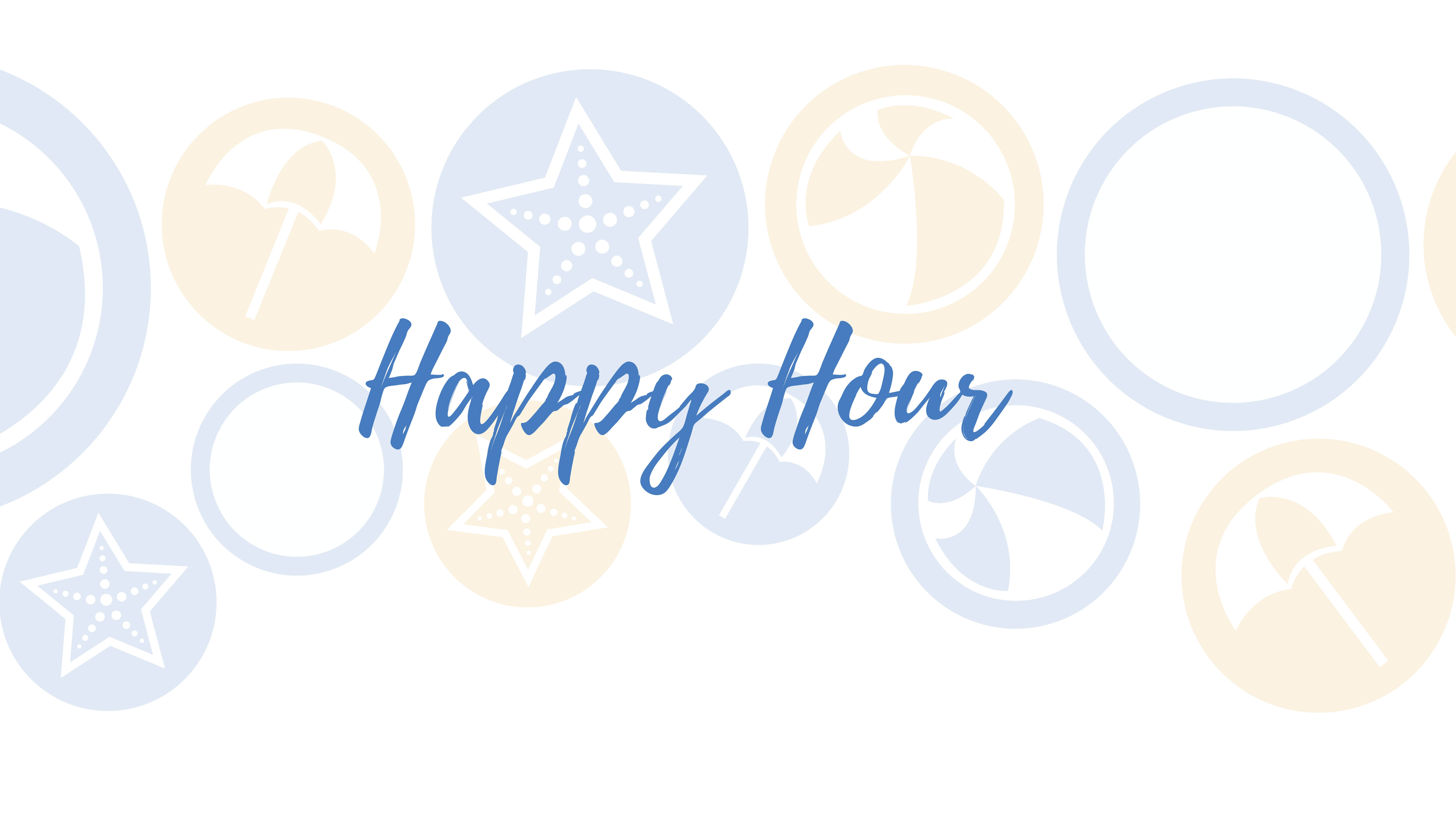 Hour 桌布 壁紙 — 藍色的「Happy Hour」字體覆蓋在帶有沙灘傘和海星圖案的粉彩圓圈上。