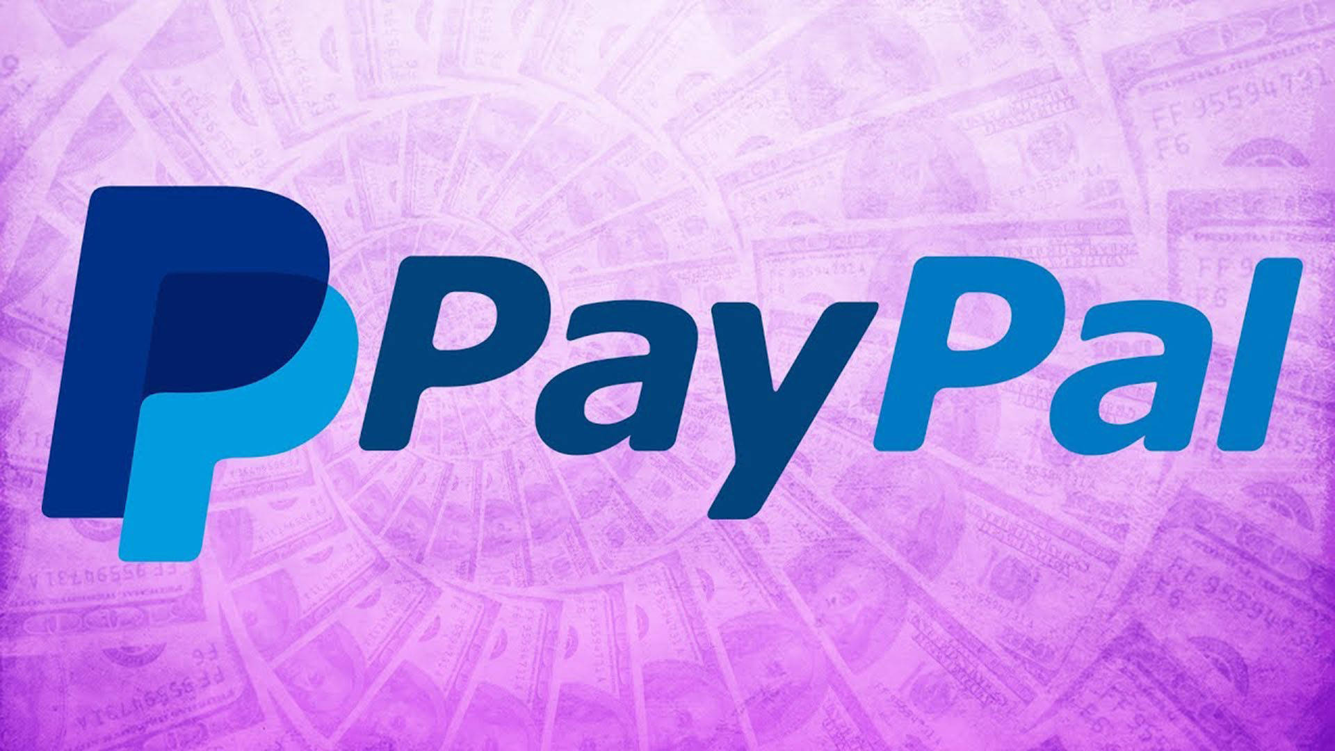 PayPal 桌布 壁紙 — 藍色的PayPal標誌在褪色美金鈔票的旋轉紫色背景上脫穎而出。