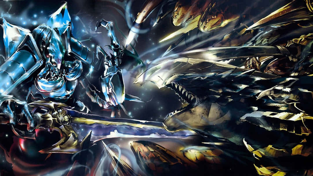 Overlord 桌布 壁紙 — 藍色盔甲戰士與金色巨龍在宇宙戰鬥中碰撞，周圍是旋轉的能量和星光。