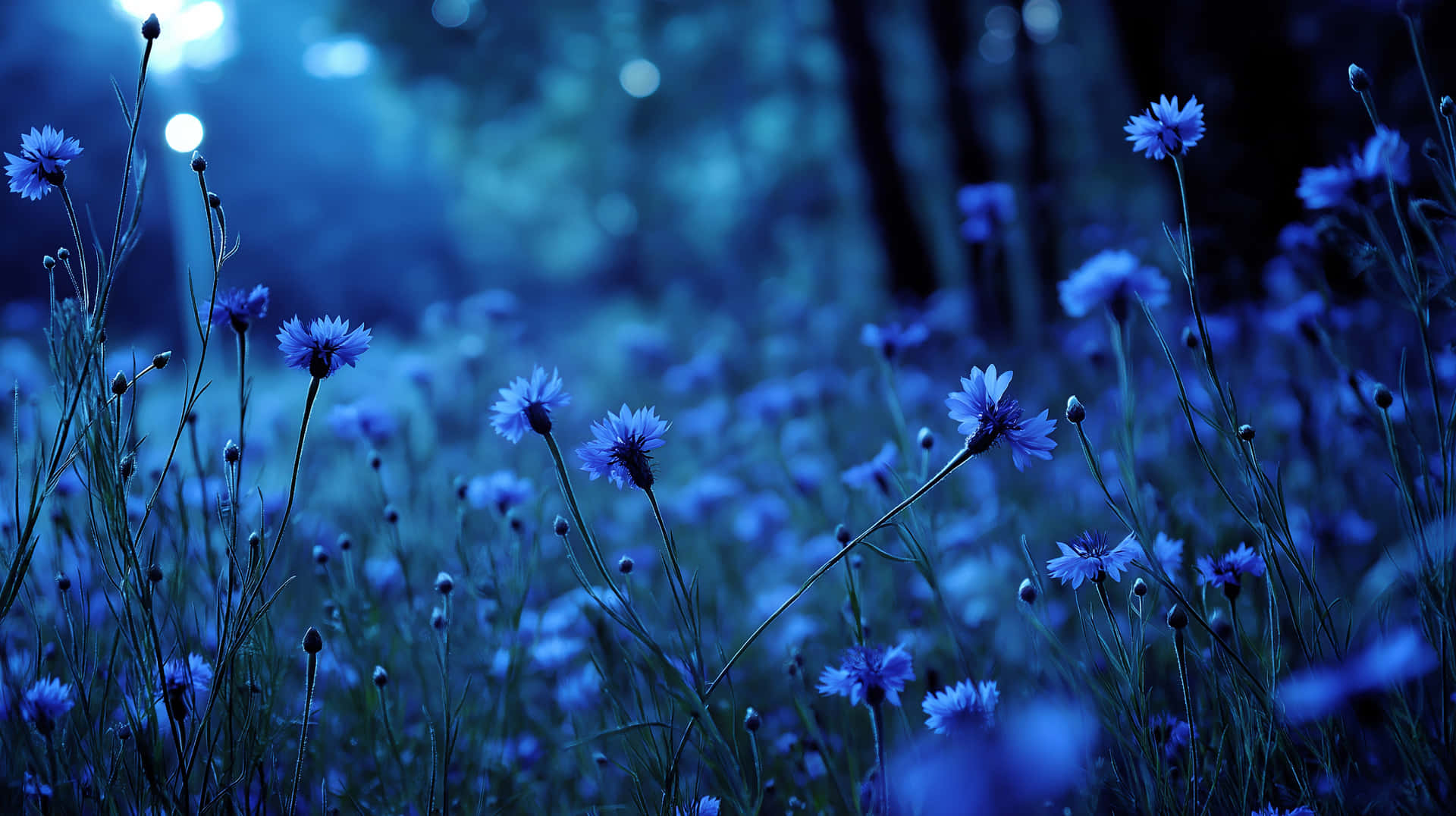 Field of Blue Cornflowers in Soft, Dreamy Light 壁紙 — 藍色矢車菊在薄霧籠罩的森林中盛開，沐浴在清涼的月光下，背景柔和散景。