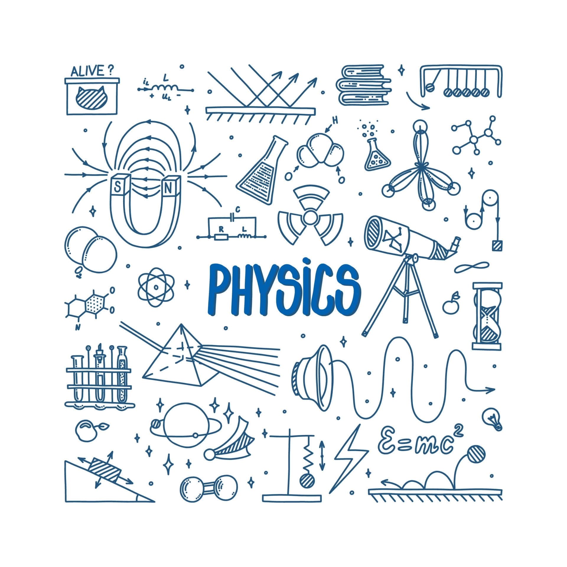 Physics 桌布 壁紙 — 藍色線條藝術拼貼，包含物理符號和方程式（如 E = mc²）以及望遠鏡，圍繞著「物理」一詞。