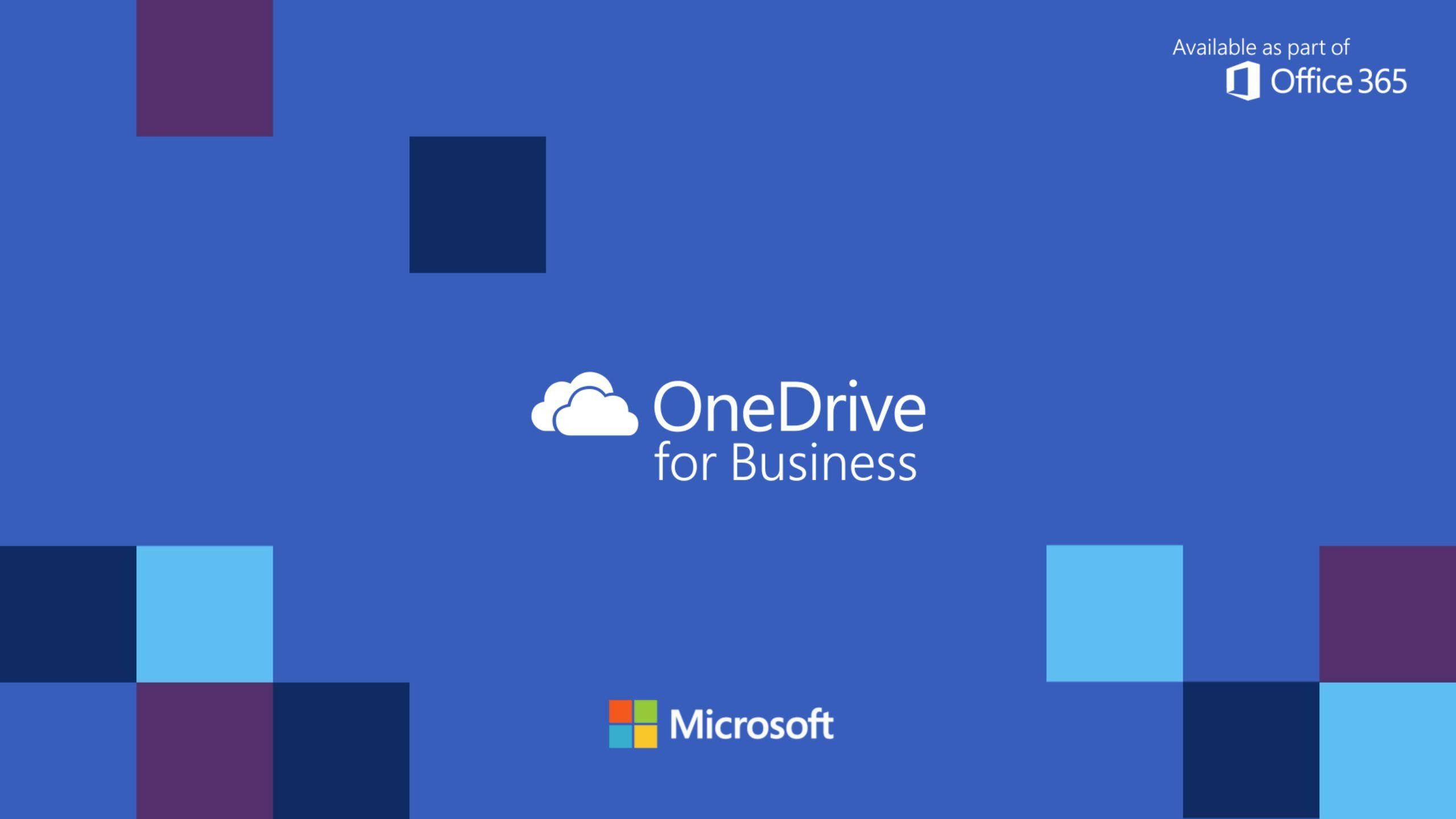 Office 365 桌布 壁紙 — 藍色背景，散落彩色正方形，白色 OneDrive for Business 標誌居中，帶有 Microsoft 品牌標識。